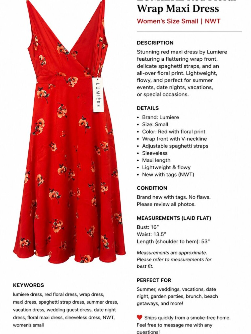Lumiere Red Floral Maxi Dress NWT Size S Deep V Wedding Guest